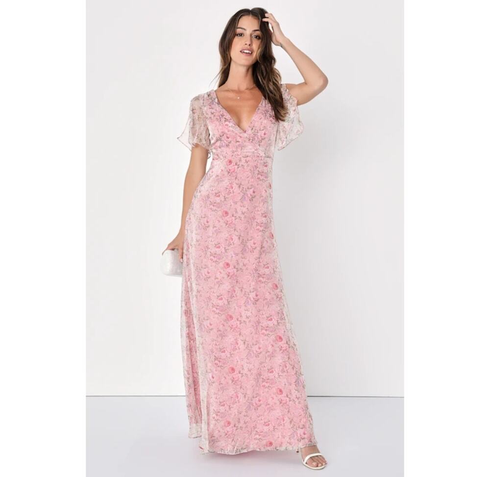 NWT Lulus Dreamiest Desires Pink Floral Flutter Sleeve Maxi Dress Gala Size L
